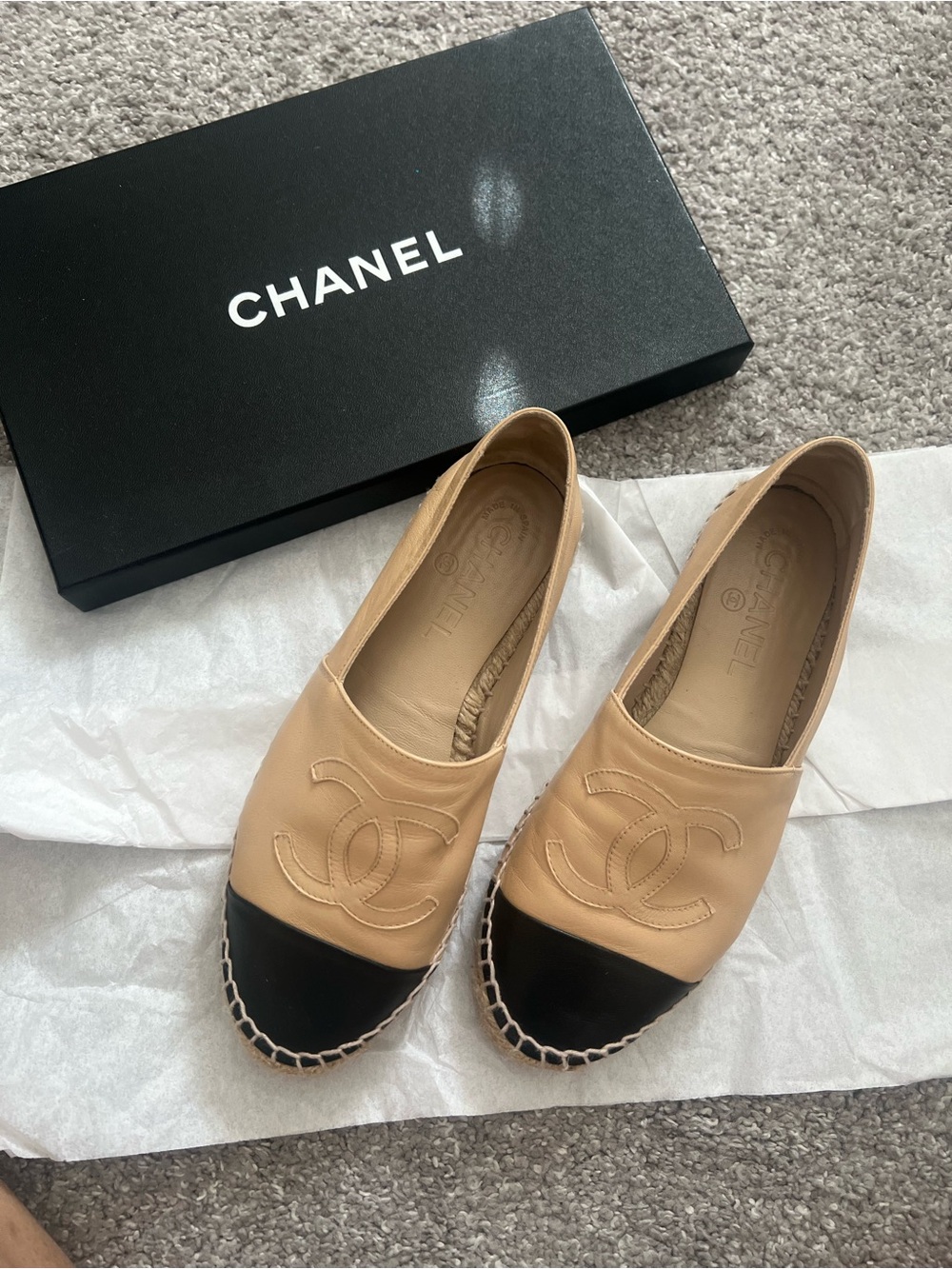 CHANEL Women's Beige and Black Leather Espadrille Flats